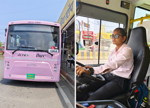 Split image showing a front view of a pink bus on the left, and the female driver of the bus on the right.