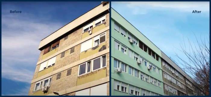 Before (left) and after (right) photo of one of four apartment buildings that were retrofitted in Valjevo, Serbia.