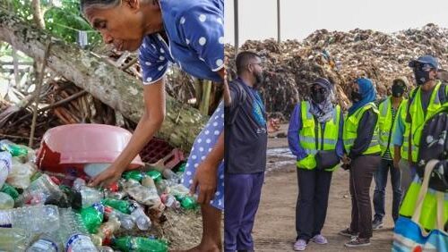 a collage of four photos of people working to collect plastic debris